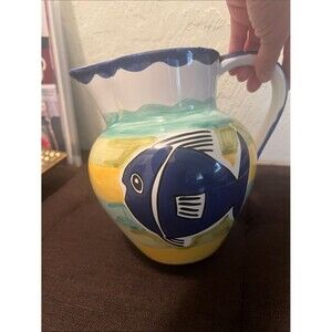 #2305*”5x7” Hand-Painted Blue Fish Ceramic Pitcher - Decorative Pets Fish Vase